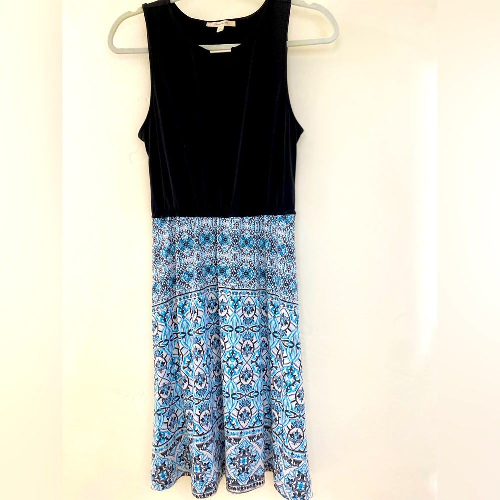❤️🙌41 Hawthorn Black & Blue Paisley Medallion Fit & Flare MIDI Sleeveless Dress